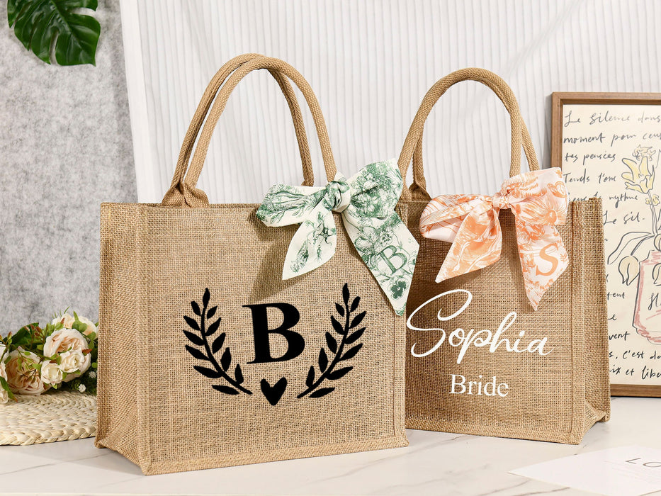 Burlap Bags Bridesmaid, Custom Jute Bag with Ribbon, Tote Gift Bags with Name, Personalized Beach Bag, Gift for Her, Bridal Party