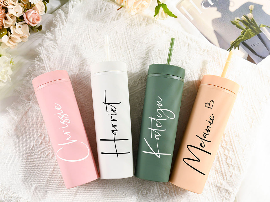 Custom Skinny Tumbler, Personalized Cup with Name, Bridesmaid Tumbler Gifts for Her, Bachelorette Wine Glass Party, Tumblers with Straw