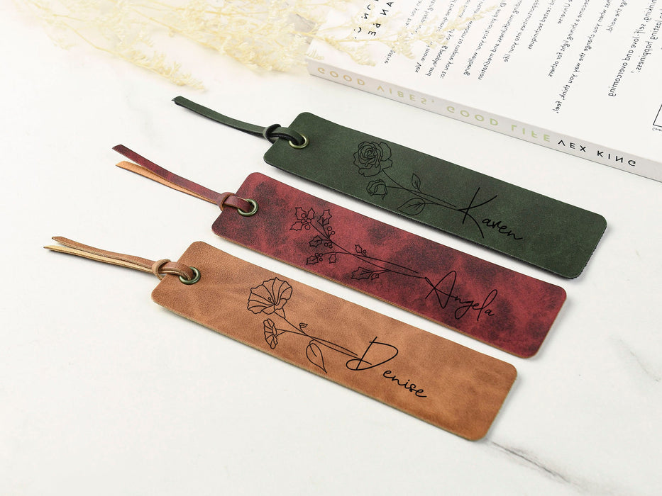 Custom Name Book Mark with Birth Month Flower, Personalized Leather Bookmark, Book Lovers Gift, Gifts for Woman, Gifts For Teacher