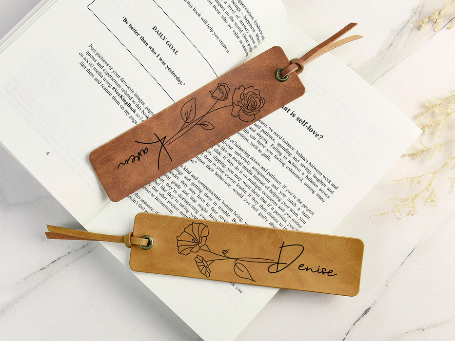 Custom Name Book Mark with Birth Month Flower, Personalized Leather Bookmark, Book Lovers Gift, Gifts for Woman, Gifts For Teacher